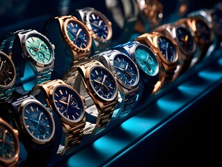 luxury watches on display at a shop window, close-up
