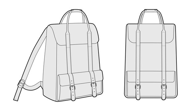 Adventure backpack silhouette bag. Fashion accessory technical illustration. Vector schoolbag front 3-4 view for Men, women, unisex style, flat handbag CAD mockup sketch outline isolated