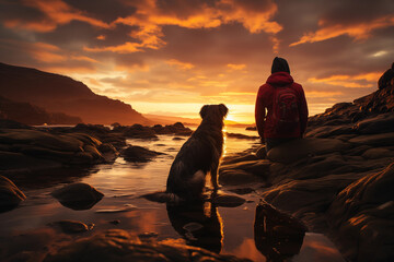 travel photography,  Traveler and dog silhouetted against a vibrant sunset, both sharing the quiet awe of the moment.serene, tranquil, reflective, inspirational, wanderlust, nature - obrazy, fototapety, plakaty