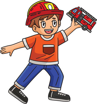 Child with Firefighter Truck Toy Cartoon Clipart 