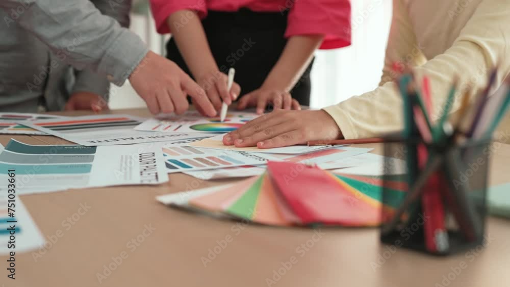 Aufkleber hand closeup of designer team brainstorming and choosing color for graphic design working or client 