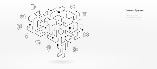 Obraz premium abstract black white circuit board. medical and health care icon set. AI artificial intelligence. brain shaped lines.