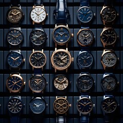 Luxury watches on display in a shop window, close up