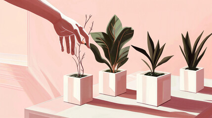 A hand is reaching into a plant pot with a plant in it