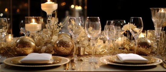 A formal table is set for dinner, featuring elegant tableware, fine silverware, and flickering candles in golden holders. The ambiance is sophisticated and luxurious, perfect for a special event or