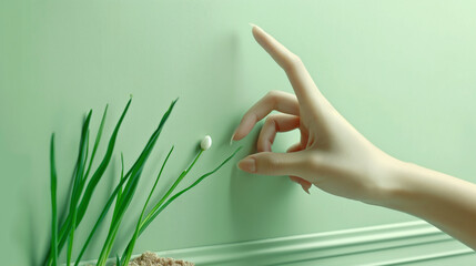 A hand is reaching for a small white object in front of a green wall