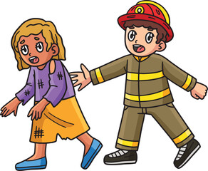 Firefighter Escorting a Survivor Cartoon Clipart 