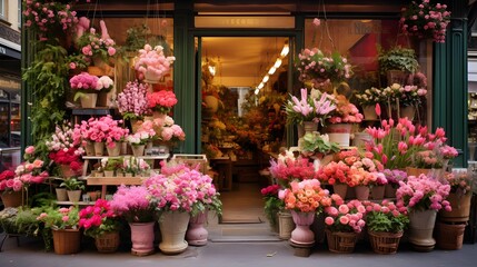 Fototapeta na wymiar Flower shop in Paris, France. Flowers in pots on the street