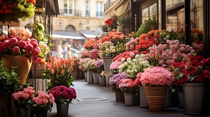 Flower market in Paris, France. Beautiful flowers in pots on the streets of Paris.