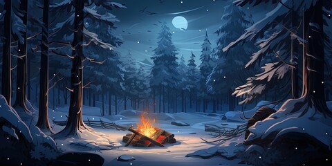 web banner of campfire in winter forest - Powered by Adobe