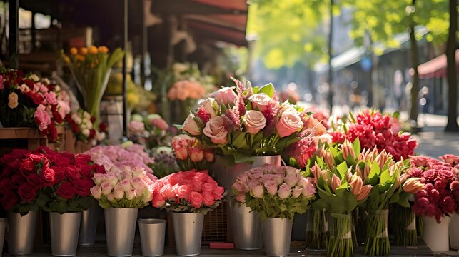 Flower shop in Paris, France. Bouquets of red and pink roses