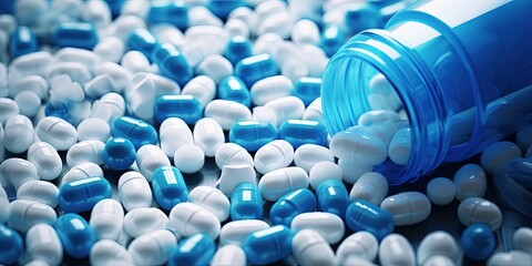 Blue-white antibiotic capsule pills spread out of plastic drug bottles. Antibiotic drug resistance. Prescription drugs. Healthcare and medicine. Pharmaceutical industry. Pharmacy product. Medication - obrazy, fototapety, plakaty