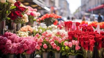 Blurred image of flowers at a flower market in Paris, France