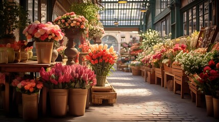 Flowers in pots in a row in a street market. Blurred background - obrazy, fototapety, plakaty