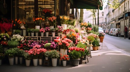 Flowers in pots on the streets of Paris, France. Panorama