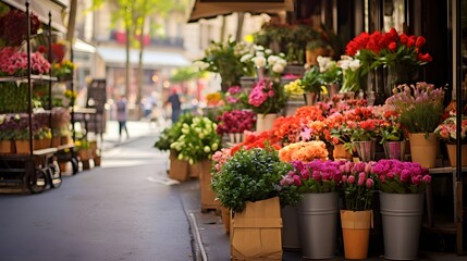 Flowers in pots on the street in Paris, France. Panorama