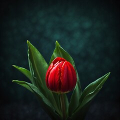 Red tulip on a dark green background, macro view - 751035607