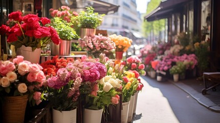 Colorful flowers in pots on the street in Paris, France.