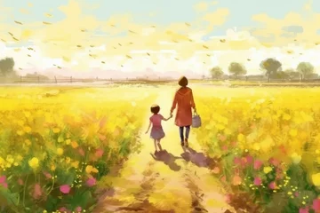 Foto auf Acrylglas Mother and child stroll through field of flowers in beautiful natural landscape © Виктория Попова