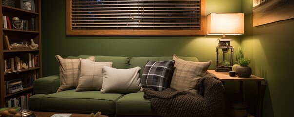This cozy den is full of comfort and style, from the inviting green couch and loveseat to the warm lighting, creating a beautiful and inviting space to relax