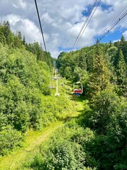 Cable car in the mountains in summer. Carpathians, Ukraine