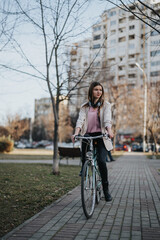 Casual young female with bicycle walking on a path in an urban park with trees and apartment buildings in the background.