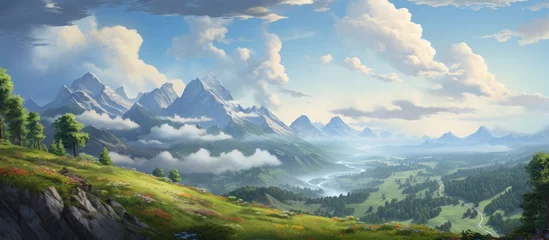 Fototapeten The painting depicts a summer mountain landscape with towering peaks surrounded by billowing clouds in the sky. The scene is grand and awe-inspiring, showcasing the beauty of nature. © Elture