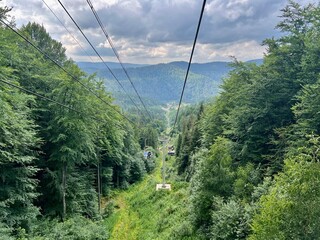 Cable car in the mountains in summer. Carpathians, Ukraine