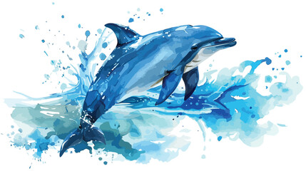 Dolphin in water splash. Watercolor vector element. - obrazy, fototapety, plakaty