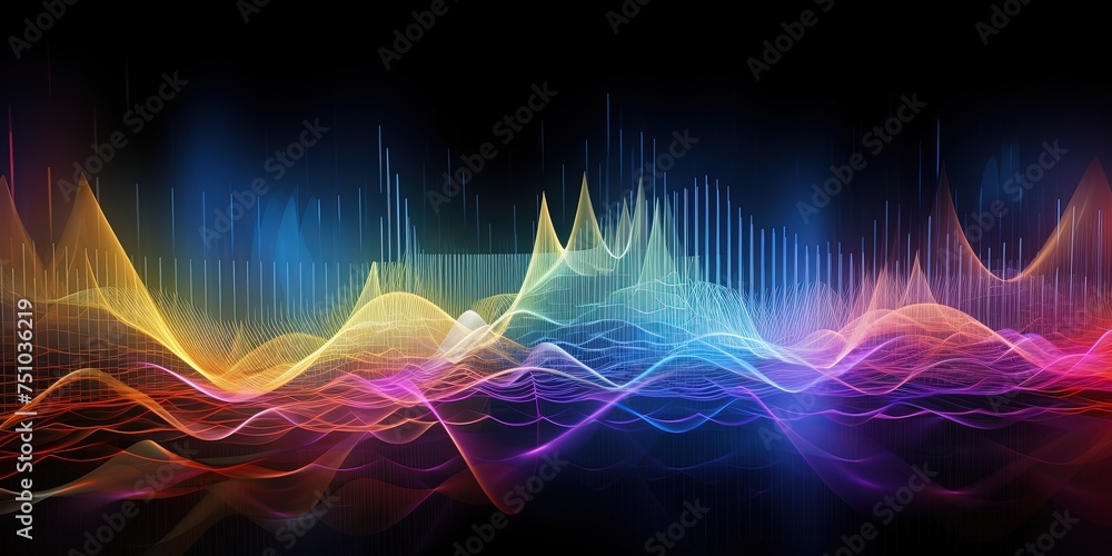 Poster a bright and vivid spectrum of audio visual waveforms, showcasing dynamic patterns and rich colors