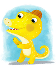 cartoon scene with dino dinosaur or dragon playing having fun on white background illustration for children