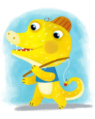 cartoon scene with dino dinosaur or dragon playing having fun going fishing on white background illustration for children