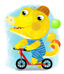 cartoon scene with dino dinosaur or dragon playing having fun riding on a bicycle bike on white background illustration for children