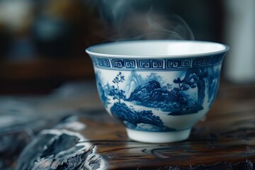 On a wooden table, a blue-and-white ceramic bowl with a hot drink. Concept of calm and relaxation