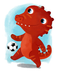 cartoon scene with dino dinosaur or dragon playing having fun kicking ball football soccer on white background illustration for children