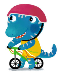 cartoon scene with dino dinosaur or dragon playing having fun riding on a bicycle bike on white background illustration for children