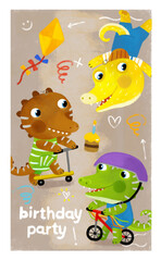 cartoon scene with dino dinosaur or dragon playing having fun on his birthday white background illustration for children