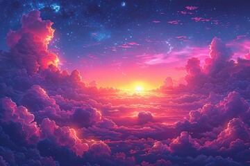 a colorful cloud and blue sky wallpaper on a blue background, in the style of dark pink and dark azure, nostalgic illustration, painting, colorful pixel-art, traditional ink painting, detailed dreamsc