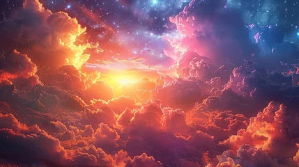 Tuinposter a colorful cloud filled with stars above a sky, in the style of realistic fantasy artwork, birds-eye-view. Generative AI © Skiffcha