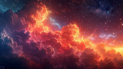 a colorful cloud filled with stars above a sky, in the style of realistic fantasy artwork, birds-eye-view. Generative AI