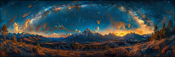 a night view over mountain range and stars, in the style of panoramic scale, romantic landscapes, gauzy atmospheric landscapes. Generative AI