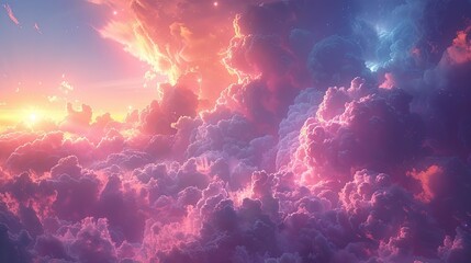 a painting of clouds over a blue background, in the style of colorful fantasy, pink and azure, detailed dreamscapes, vibrant illustrations, high-angle. Generative AI - obrazy, fototapety, plakaty