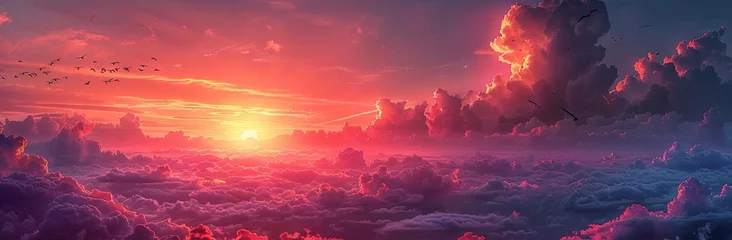 Schilderijen op glas a sky with clouds and birds at sunset, in the style of dark pink and light azure, nostalgic mood, photo-realistic landscapes, dark pink and light orange. Generative AI © Skiffcha