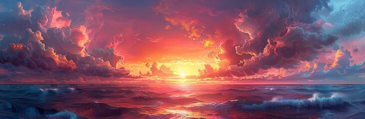 a red orange sunset with clouds under it, in the style of brightly colored birds, pastel toned, romantic compositions. Generative AI