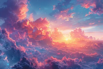 a watercolor painting with colorful clouds and blue sky, in the style of realistic fantasy artwork, light magenta and orange, hyper-detailed. Generative AI