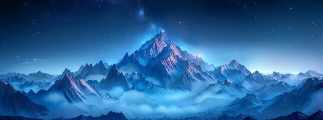 a view of a mountain with stars and the milky, in the style of panorama, captivating chiaroscuro, gauzy atmospheric landscapes, lightbox, wide angle lens, light indigo and dark bronze. Generative AI