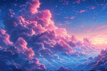 an abstract blue sky with pink and blue clouds, in the style of nostalgic illustration, colorful pixel-art, traditional ink painting, dark pink and light crimson, luminous shadows, japanese-style land