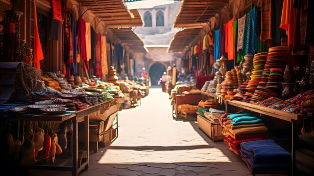 Bazaar in Marrakesh, Morocco. Panoramic view