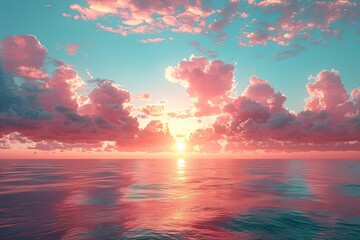 beautiful sky as seen from the ocean, in the style of pastel-colored landscapes, light turquoise and dark pink, vintage imagery, light gold and orange. Generative AI