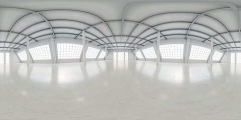 Full spherical hdri panorama 360 degrees of empty exhibition space. backdrop for exhibitions and events. Tile floor. Marketing mock up. 3D render illustration - obrazy, fototapety, plakaty